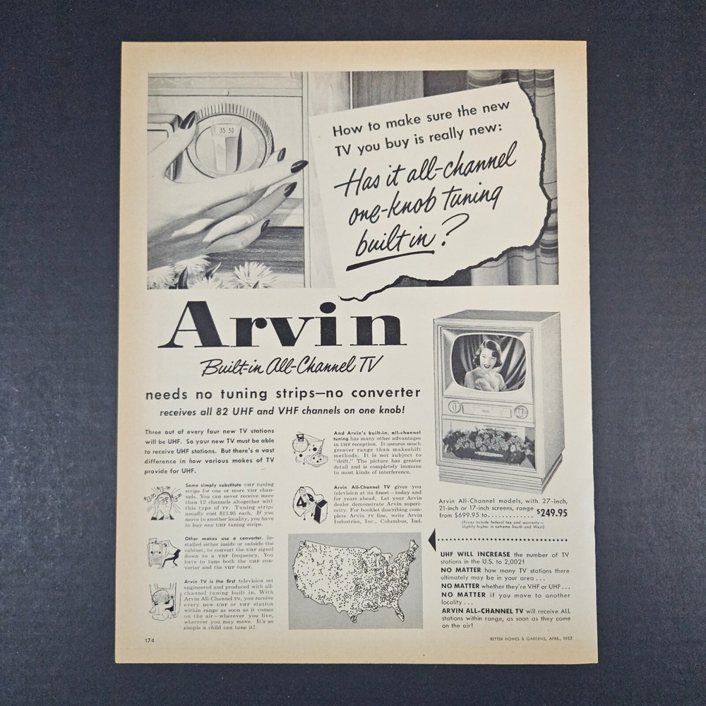 1953 Arvin Built-In All-Channel Television Vintage Print Ad Columbus IN UHF‎ VHF